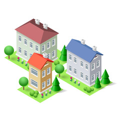 A colorful isometric icon featuring three vibrant buildings stands out amidst a green landscape with trees, flowers, and grass on white backdrop. Ideal for real estate or home concept designs