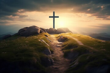 cross on the hill, the path leading to God, Happy easter. Christian symbol of faith, Generative AI - obrazy, fototapety, plakaty
