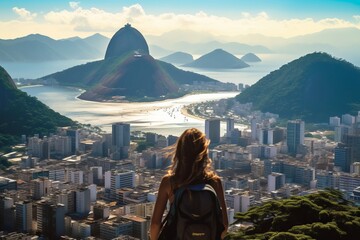 Young female tourist backpacker travelling aroung the world. Travel Destination - Rio De Janeiro,...