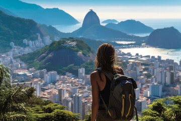 Young female tourist backpacker travelling aroung the world. Travel Destination - Rio De Janeiro,...