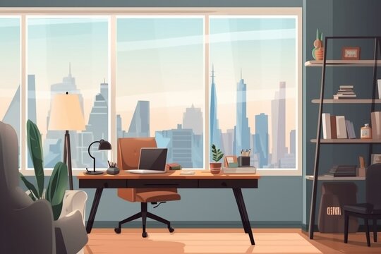 Vibrant workspace with panoramic cityscape, furnished with modern items and adorned with decorative objects. Generative AI