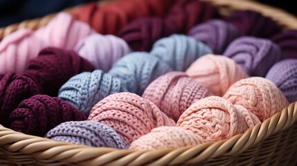 Obraz premium Close-up of coloured skeins of wool thread in a wooden basket. Cosy hobby concept. Generative AI