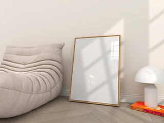 One frame mockup on wood floor with togo sofa and books. White wall, modern neutral interior design poster mock up, realistic 3d rendering - obrazy, fototapety, plakaty