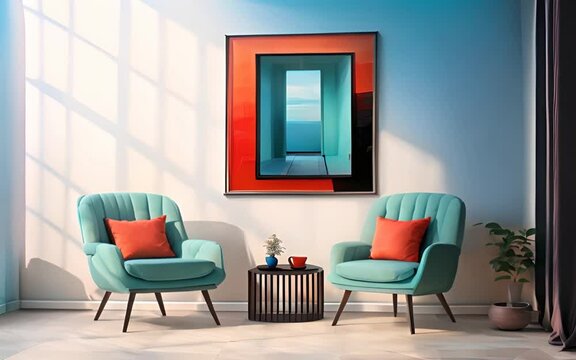 Blue armchairs with coral pillows near a wall featuring an art painting of a sea view through an open door. Generative AI