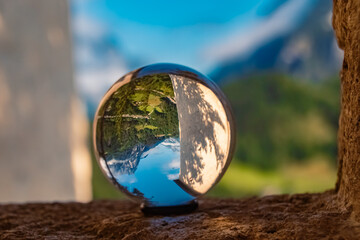 Crystal ball alpine landscape shot at Werfen, Pongau, Salzburg, Austria