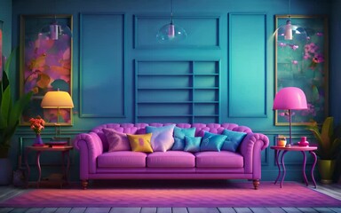 Living room with blue walls, purple sofa, colorful cushions, and neon lighting. Generative AI