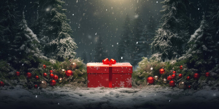 Red Christmas Present On A Winter Forest Background