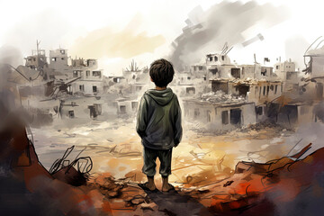 Fototapeta premium Generative AI illustration of a sad and crying Palestinian boy