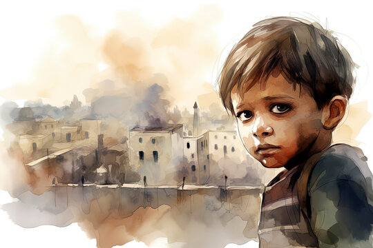 Generative AI illustration of a sad and crying Palestinian boy