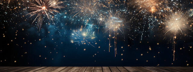 Fototapeta Silvester 2024 party New year Fireworks Firework background banner panorama long - sparklers and bokeh lights on rustic black wooden texture, with space for text obraz