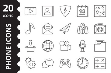 Set of phone icons. Contains such symbols as contact, call, message, internet, gallery, downloads and more.