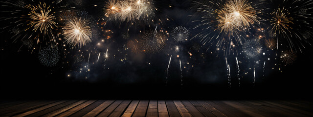 Silvester 2024 party New year Fireworks Firework background banner panorama long - sparklers and bokeh lights on rustic black wooden texture, with space for text - obrazy, fototapety, plakaty