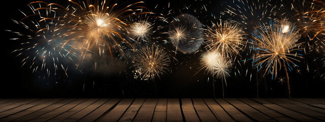 Silvester 2024 party New year Fireworks Firework background banner panorama long - sparklers and bokeh lights on rustic black wooden texture, with space for text - obrazy, fototapety, plakaty