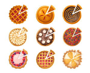 Sweet pies with slices set, top view vector illustration. Cartoon isolated bakery collection of healthy tarts with different filling, sliced fruit, chocolate or berry pies with portion pieces © setory