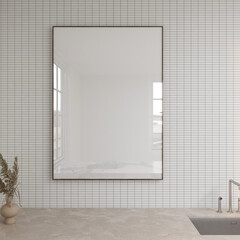 Vertical wood frame mockup on white wall in modern kitchen. Close up empty poster mock up with light reflection. 3D