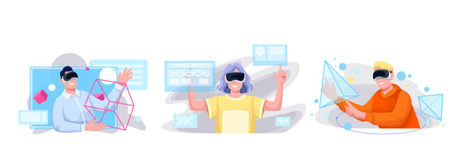 Virtual reality technology for working with digital projects set vector illustration. Cartoon male and female characters with VR glasses work with modern virtual interface, holograms of geometry form - obrazy, fototapety, plakaty