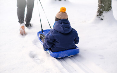 Fototapeta na wymiar Dad takes his son on a sled through the snow in the park