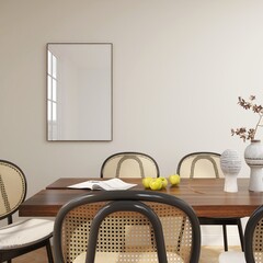 One vertical wooden frame mockup in an autumn design dining room. Blank poster mock up on wall, realistic 3d render