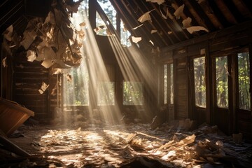 Inside the abandoned house, dust dancing in the sunlight that filters through the broken roof.
