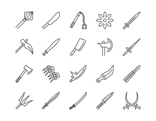 Set of melee weapon Related Line Icons. Linear collection symbols of knife, sword, axe.