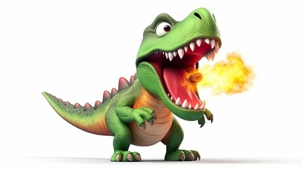 Surreal 3D: green cartoon tyrannosaurus rex with flames coming out of mouth on white background, angry dinosaur, fire-breathing dinosaur