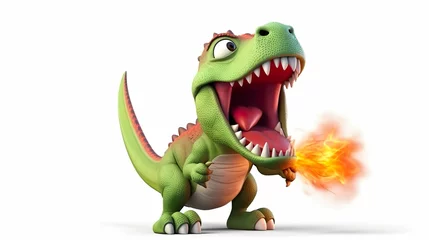Fototapeten Surreal 3D: green cartoon tyrannosaurus rex with flames coming out of mouth on white background, angry dinosaur, fire-breathing dinosaur © yuanfeng Z
