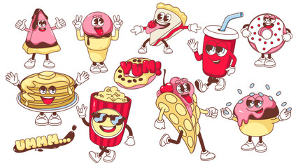 Groovy fast food and drink characters set vector illustration. Cartoon isolated funny trippy food collection of emoji with legs and arms, happy smiles on faces, hippie peace and thumbs up gestures