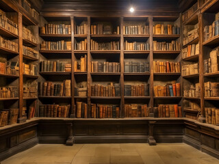 A wall of shelves full of ancient books in the library - obrazy, fototapety, plakaty