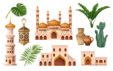 Middle East architecture and Arab culture elements set vector illustration. Cartoon isolated old house and mosque, castle and ancient building of Arab city, islamic lantern with ornament and jug - obrazy, fototapety, plakaty