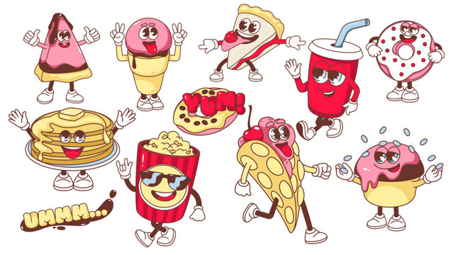 Groovy fast food and drink characters set vector illustration. Cartoon isolated funny trippy food collection of emoji with legs and arms, happy smiles on faces, hippie peace and thumbs up gestures