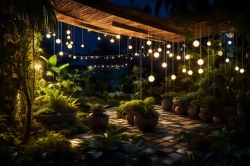tropical Backyard Garden Illumination. Illuminated Garden at Night with Various of Plants