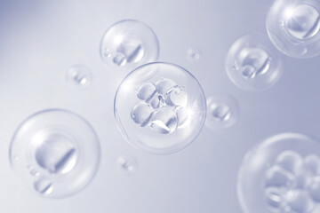 cosmetic moisturizer water molecule, Cosmetic Essence, Liquid bubble, Molecule inside Liquid Bubble on water background, 3d rendering - obrazy, fototapety, plakaty