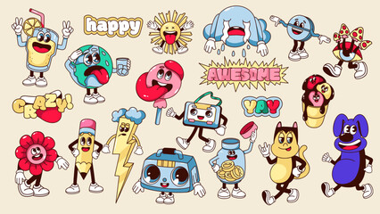 Groovy retro stickers set vector illustration. Cartoon isolated retro rave or hippie party characters, crazy mascot of psychedelic acid trip and patches with positive hippy slogans and elements