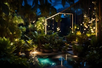Obraz na płótnie Canvas tropical Backyard Garden Illumination. Illuminated Garden at Night with Various of Plants