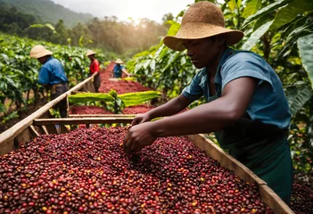 Foto op Canvas raw Red coffee beans in farmer hand. group of people Colombian farmers working at a coffee farm. farmers team collecting green coffee beans at a brazilian farm in big basket, box. generative ai © Maxim Chuev