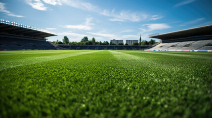 soccer field with green grass in stadium, low view