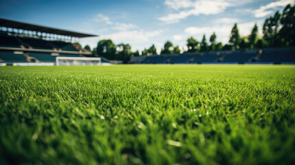 Football field with green grass in stadium, low view