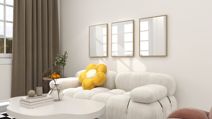 Three vertical frames mockup on modern living room with white sofa. 3 empty posters mock up gallery wall art set. 3D illustration