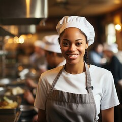 Young beautiful female chef wearing white chef uniform and apron in kitchen, smiling at camera