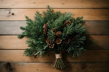 Natural rustic bouquet made with pine tree branches and pine cones on a wooden background. Minimal holiday aesthetic.