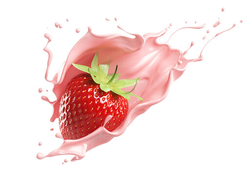 milk or yogurt splash with strawberries isolated on white background, 3d rendering.