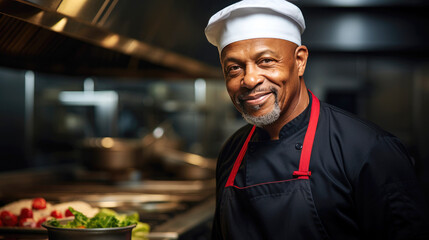Fototapeta na wymiar Old African American chef wearing white chef uniform and apron in kitchen, smiling at camera
