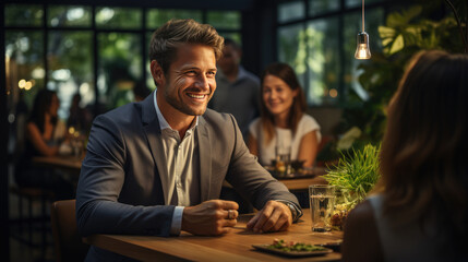Handsome man talking with his clients on the table in the restaurant