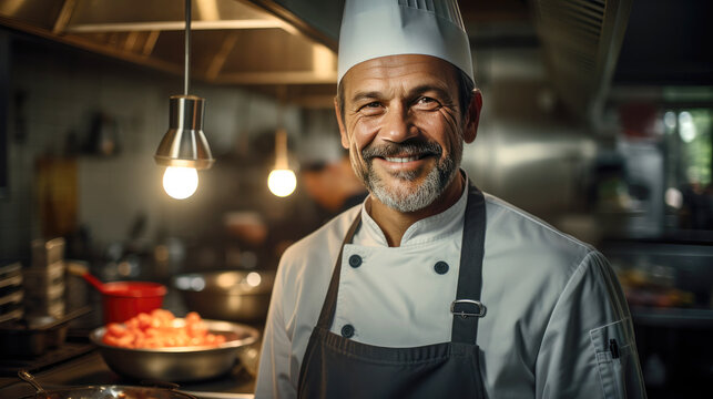 50 Year Old Smiling Handsome Europe Man, Professional Chef Inside A Kitchen