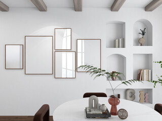 Five vertical frames mockup on japandi dining room with light reflection. 5 empty posters on white wall, modern 
gallery wall set. 3D illustration - obrazy, fototapety, plakaty