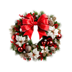 Fototapeta na wymiar Сhristmas wreath with red bow. Isolated on transparent background. 