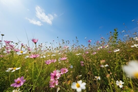 Many flowers in the grass under a blue sky. Generative AI
