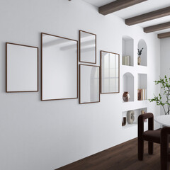 Five vertical frames on white wall in a japandi modern dining room. 5 empty posters mockup template with light reflection. Wall art gallery 3D illustration - obrazy, fototapety, plakaty