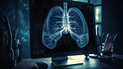 Human lungs on doctor's computer. Diagnose treatment virtual human lungs on modern interface screen. Healthcare medicine medical innovation technology. Online patient consultation. Health care digital - obrazy, fototapety, plakaty