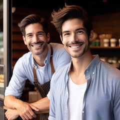 Fototapeta premium Happy owner couple at the door of small store, business concept, generative ai